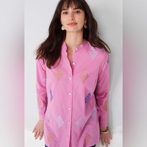 J. Jill 100% Cotton Pink Embroidered Button Down Tunic Long Sleeve Top Size Med